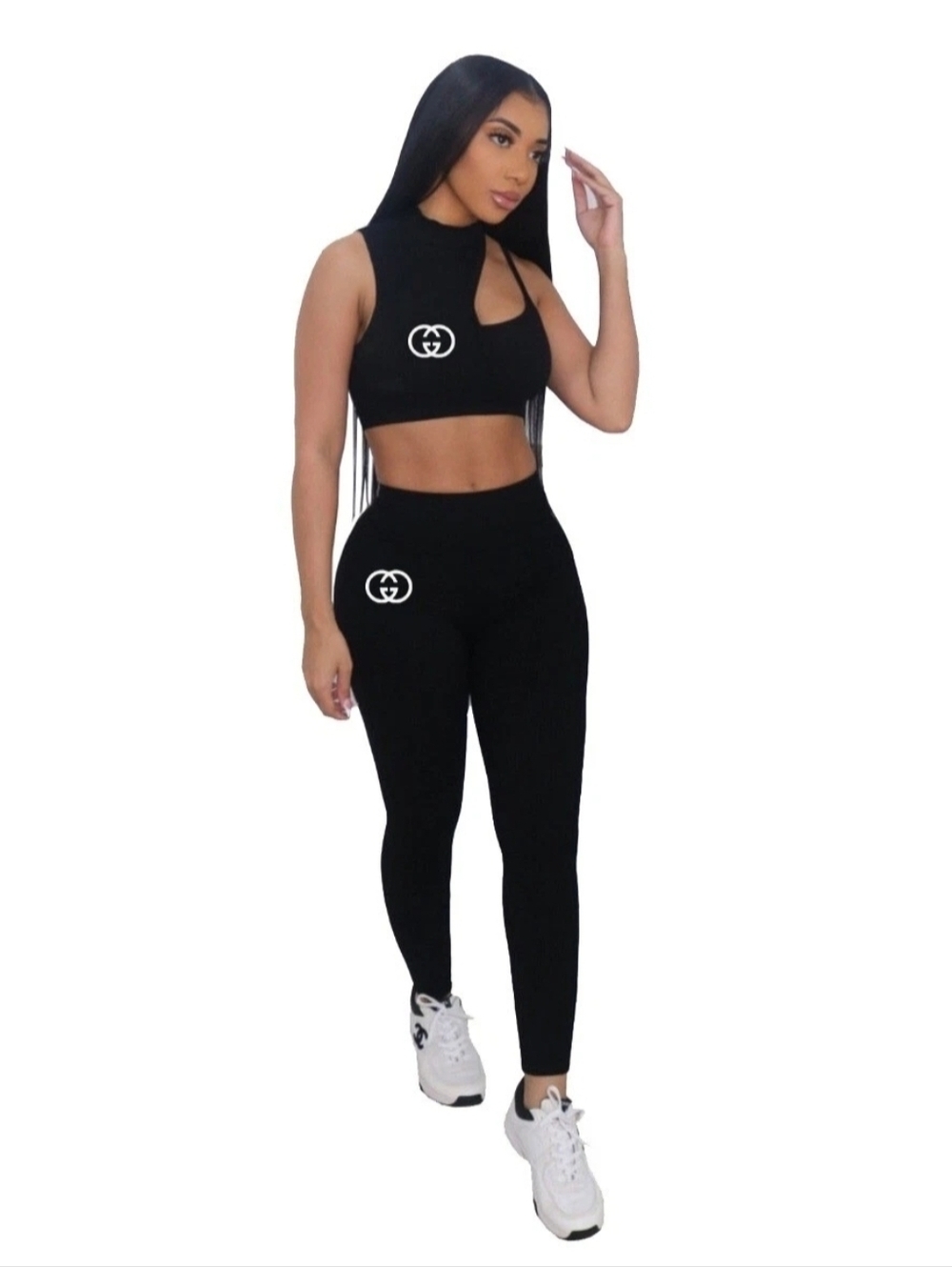 Black Two-Piece Cutout Crop Top & High-Waist Leggings Set